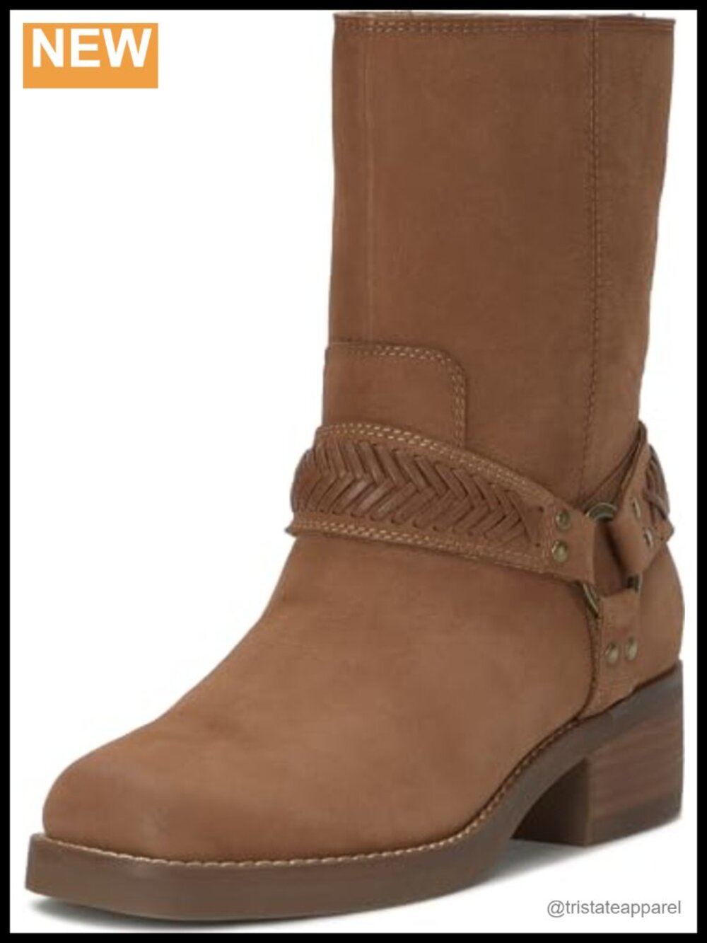 Leather Mid-Calf Harness Boots with Chunky Block Heel - Pull-On Style
